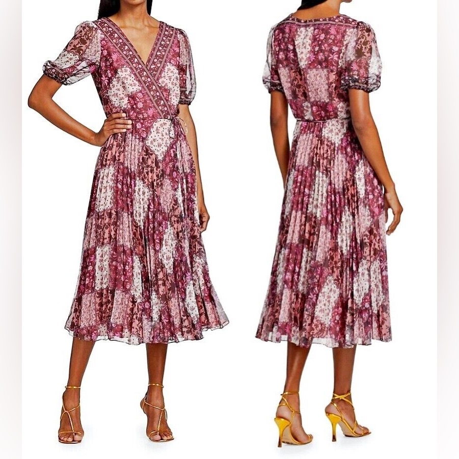Marchesa Notte Floral Pleated A-Line Midi Chiffon Dress